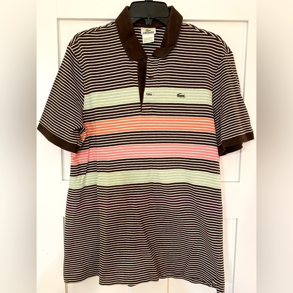 Lacoste Mens Short Sleeve Polo Shirt. Size 6. Brown and cream striped shirt.